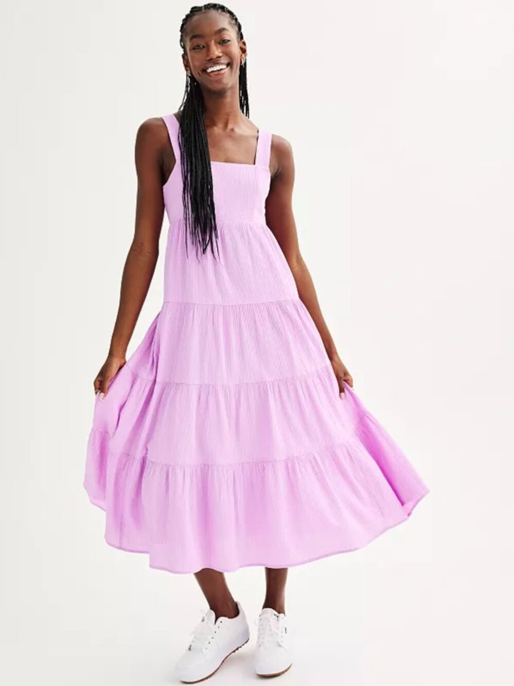 SO Square Neck Tiered Midi Dress Women's Small Lavender Sleeveless Smocked Back